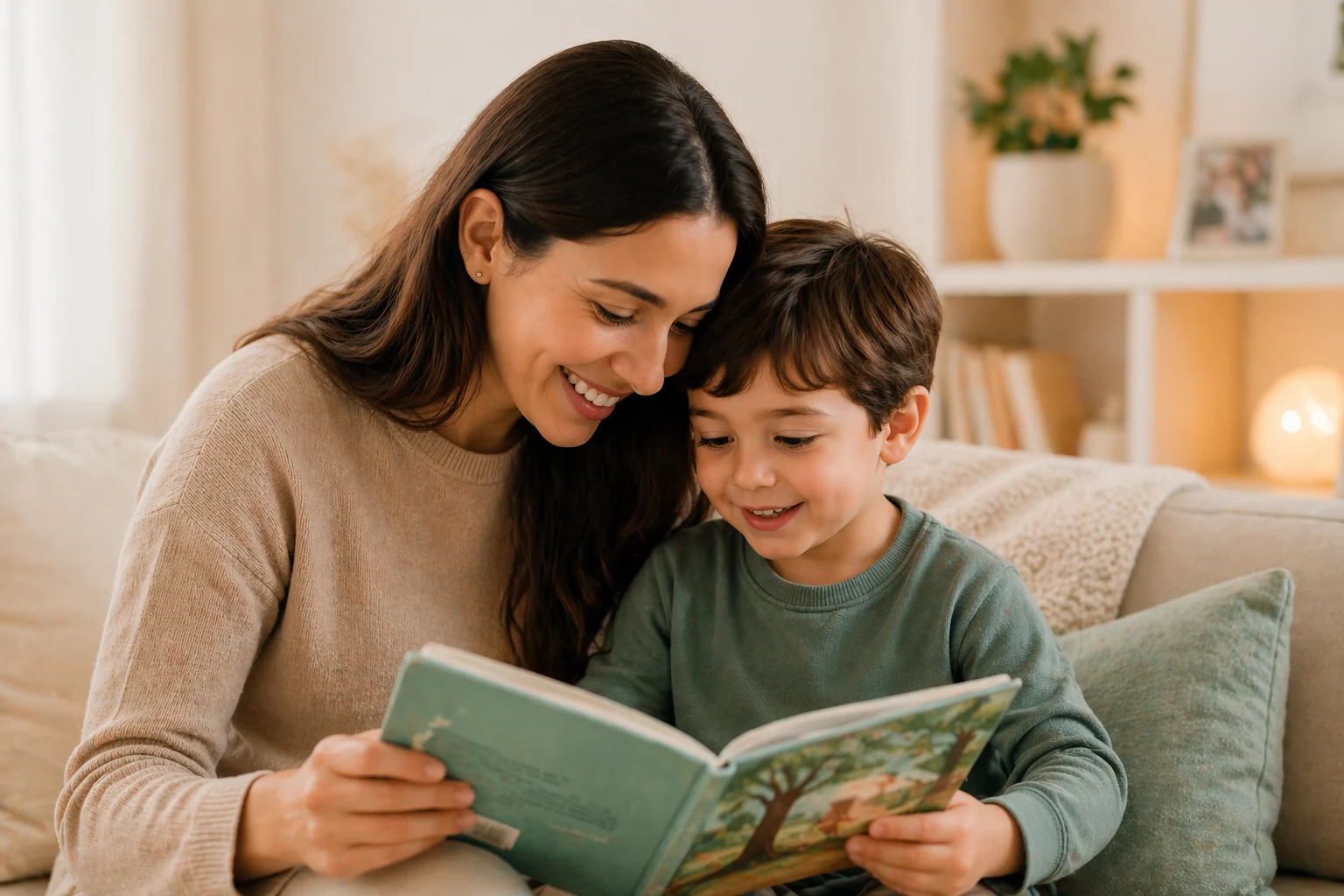 Madre leyendo junto a su hijo para estimular el lenguaje en casa